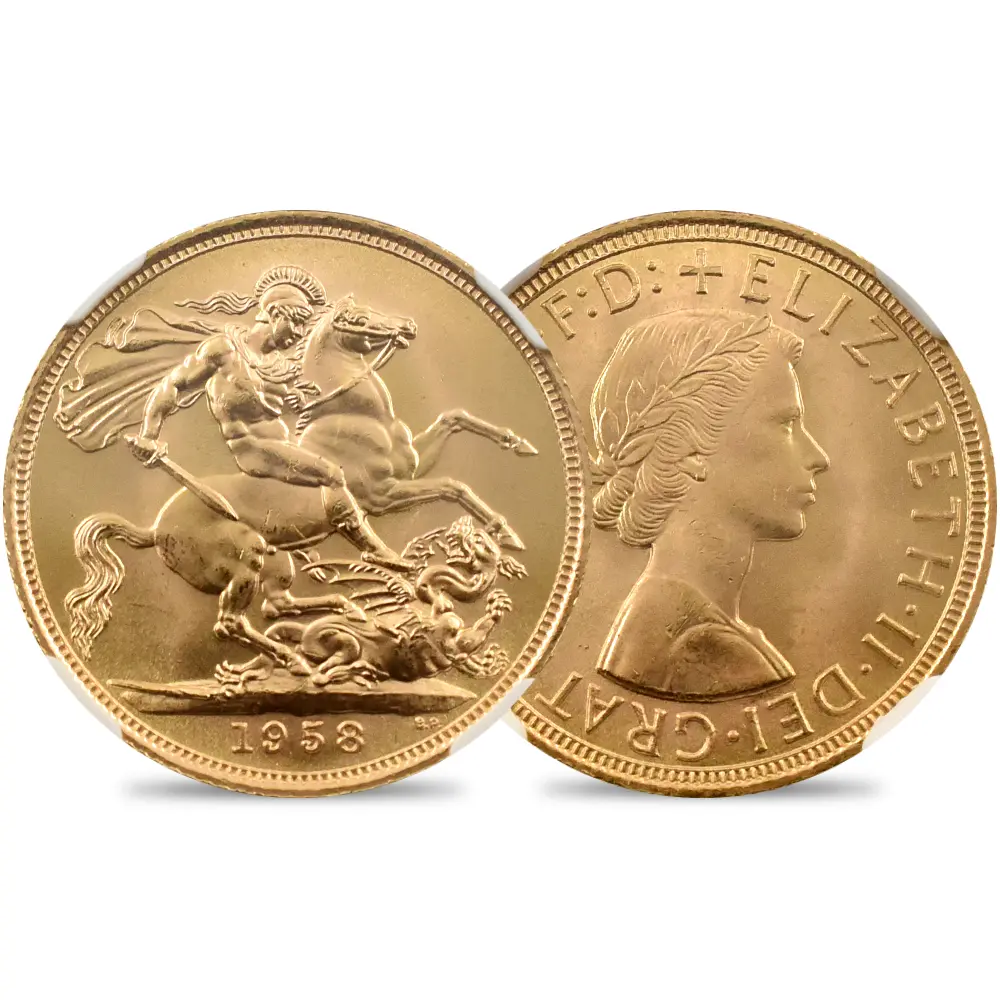 イギリス 1958 エリザベス2世 ヤングヤング 聖ジョージ竜退治 ソブリン金貨 NGC MS66