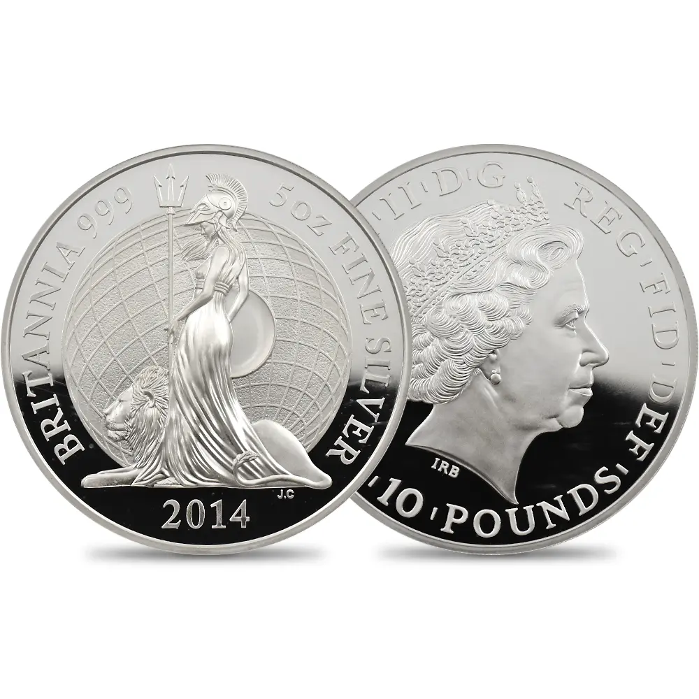 イギリス 2014 エリザベス2世 ブリタニア ハイレリーフ 10ポンド5オンス銀貨 ファースト750ストラック NGC PF70UC
