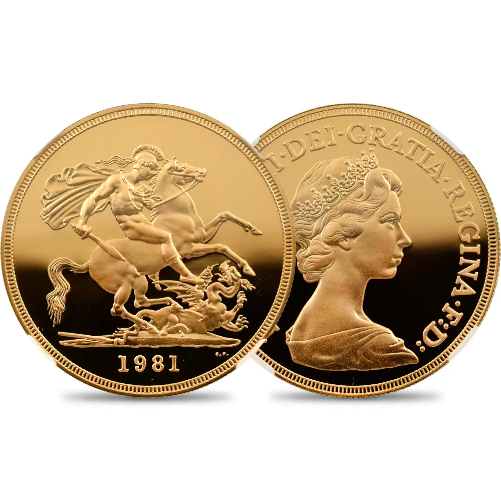 イギリス 1981 エリザベス2世 ヤングエリザベス 聖ジョージ竜退治 5ソブリン金貨 NGC PF69UC