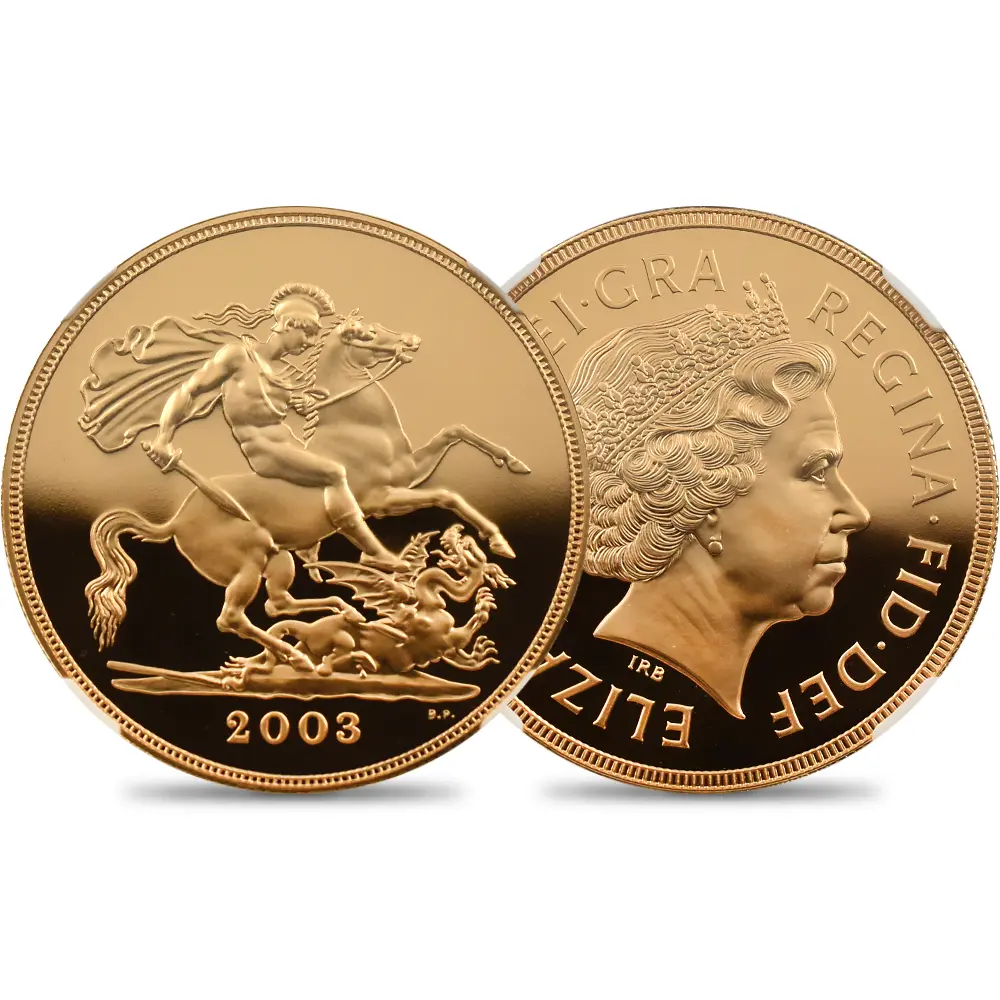 イギリス 2003 エリザベス2世 聖ジョージ竜退治 5ソブリン金貨 NGC PF69UC