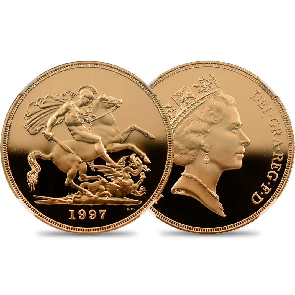 イギリス 1997 エリザベス2世 ミドルエリザベス 聖ジョージ竜退治 5ソブリン金貨 NGC PF69UC
