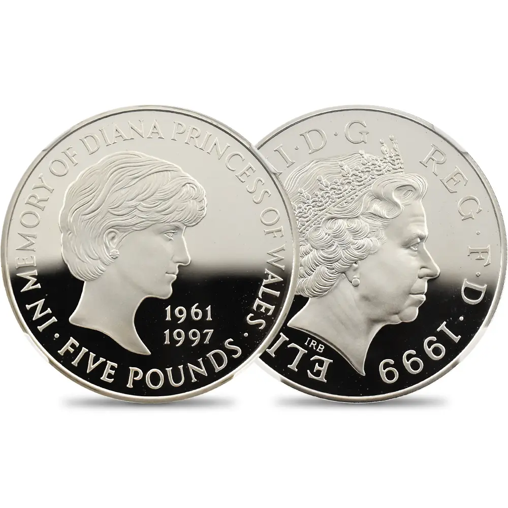 イギリス 1999 エリザベス2世 ダイアナ妃追悼記念 5ポンド銀貨 NGC PF69UC 箱付き