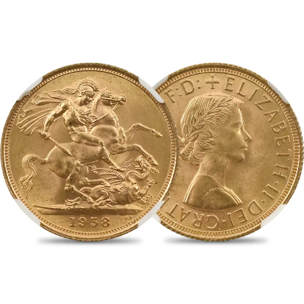 イギリス 1958 エリザベス2世 ヤングヤング 聖ジョージ竜退治 金貨 NGC MS64