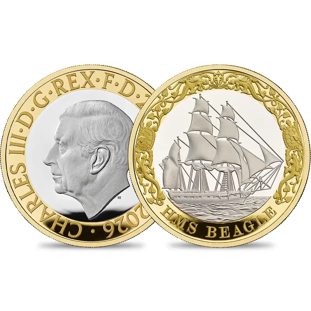 イギリス 2026 チャールズ3世 ビーグル号200周年記念 2ポンドプルーフ銀貨 金メッキ付 未鑑定 箱付き【ご予約承り品】