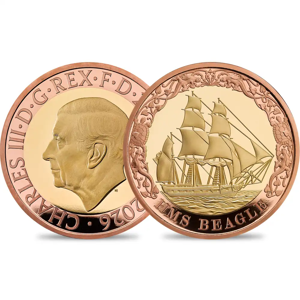 イギリス 2026 チャールズ3世 ビーグル号200周年記念 2ポンドプルーフ2色金貨 未鑑定 箱付き【ご予約承り品】