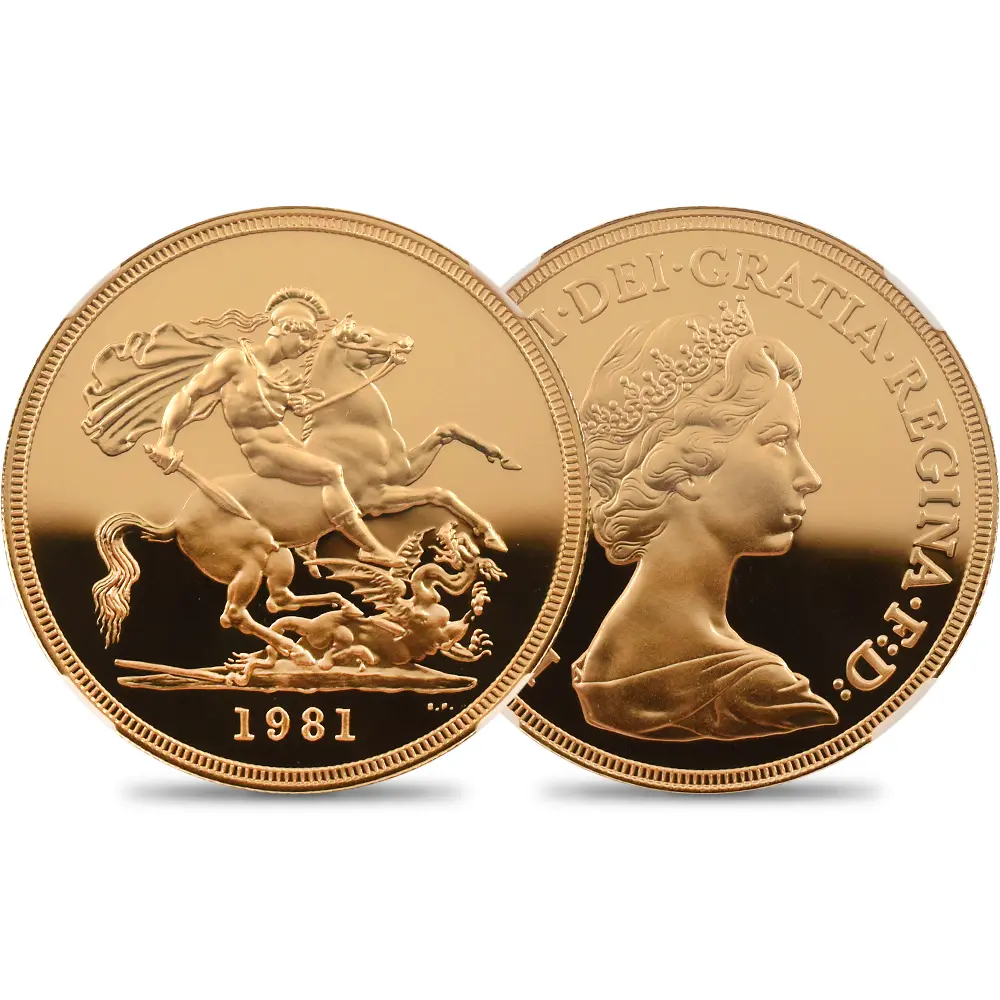 イギリス 1981 エリザベス2世 ヤングエリザベス 聖ジョージ竜退治 5ソブリン金貨 NGC PF69UC