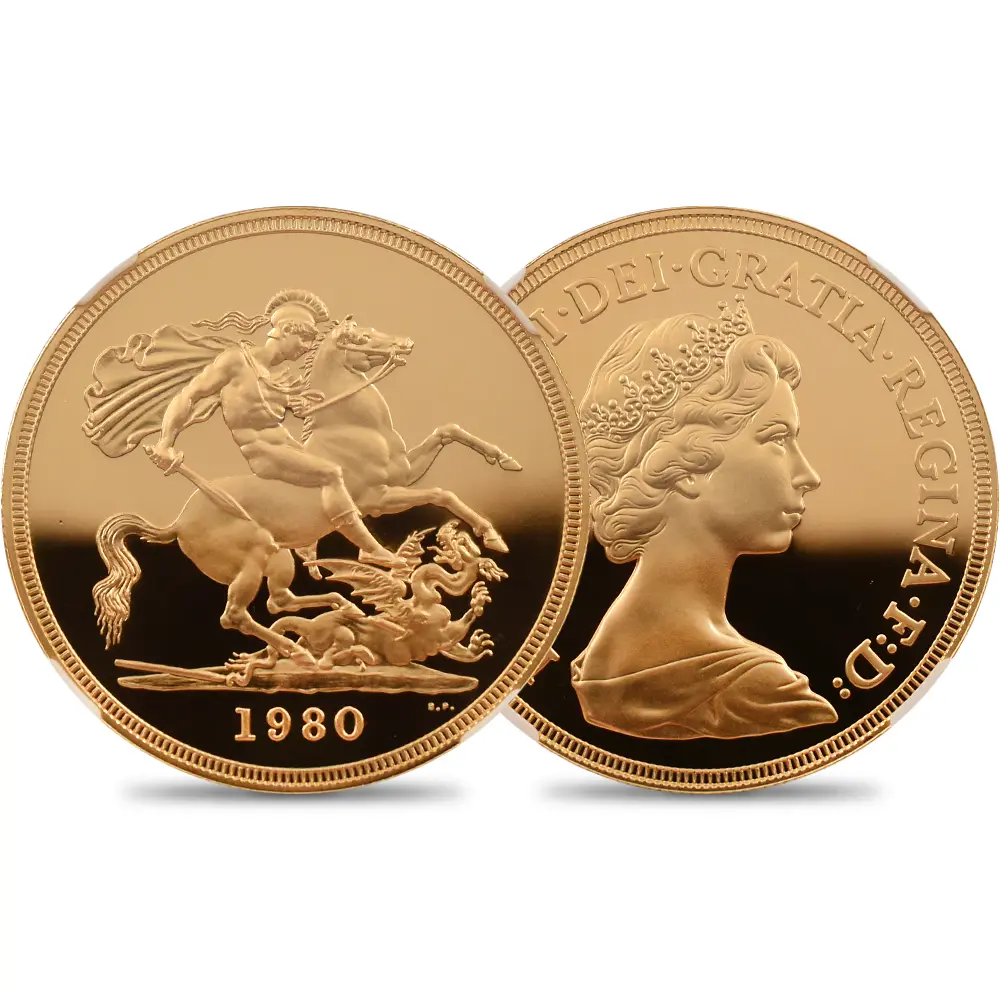 イギリス 1980 エリザベス2世 ヤングエリザベス 聖ジョージ竜退治 5ソブリン金貨 NGC PF69UC