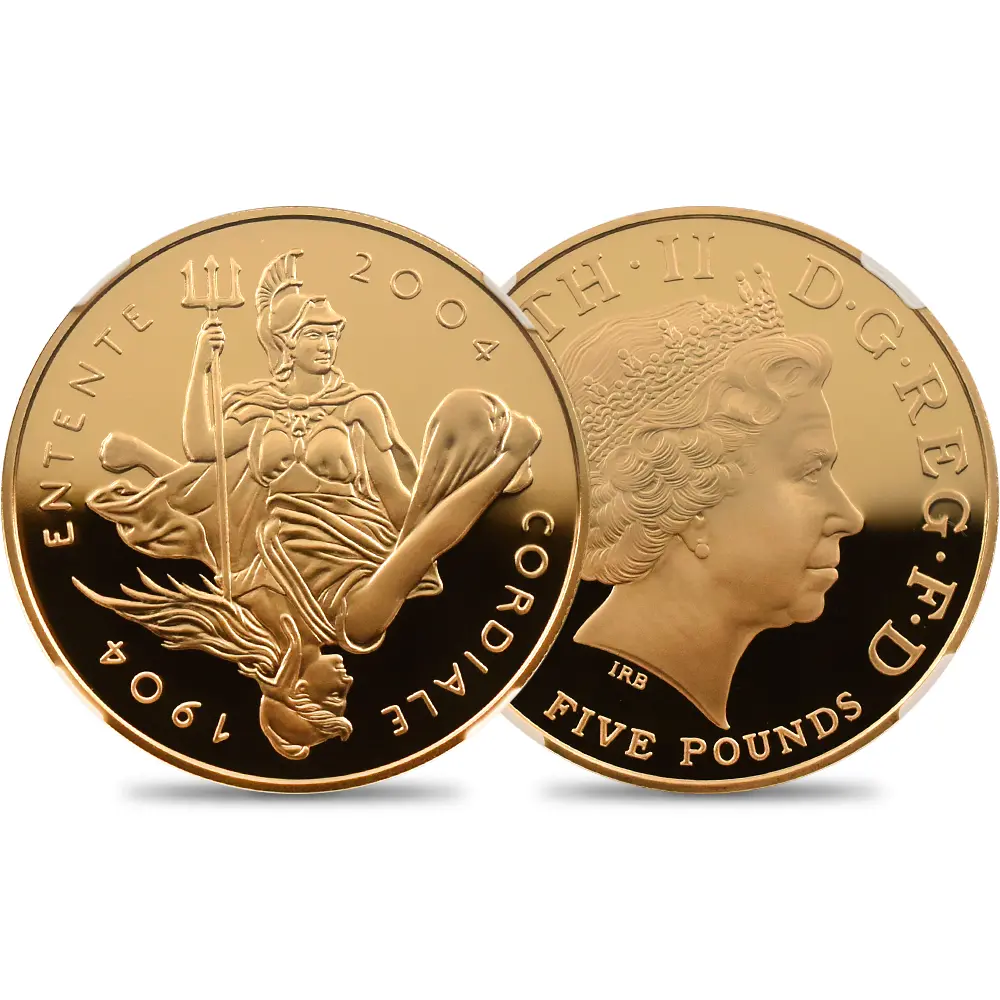 イギリス 2004 エリザベス2世 英仏協商100年記念 5ポンド金貨 NGC PF69UC
