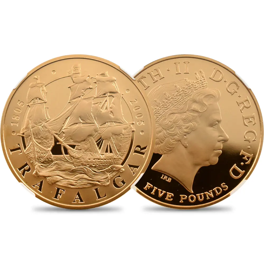 イギリス 2005 エリザベス2世 トラファルガー海戦戦勝200年記念(戦艦) 5ポンド金貨 NGC PF69UC