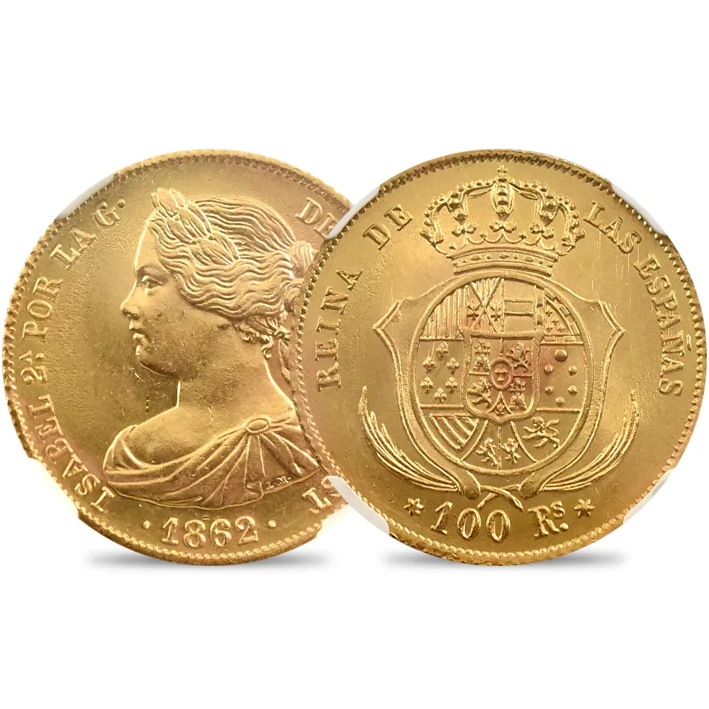 スペイン 1862 イザベル2世 マドリード 100レアル 金貨 NGC MS64