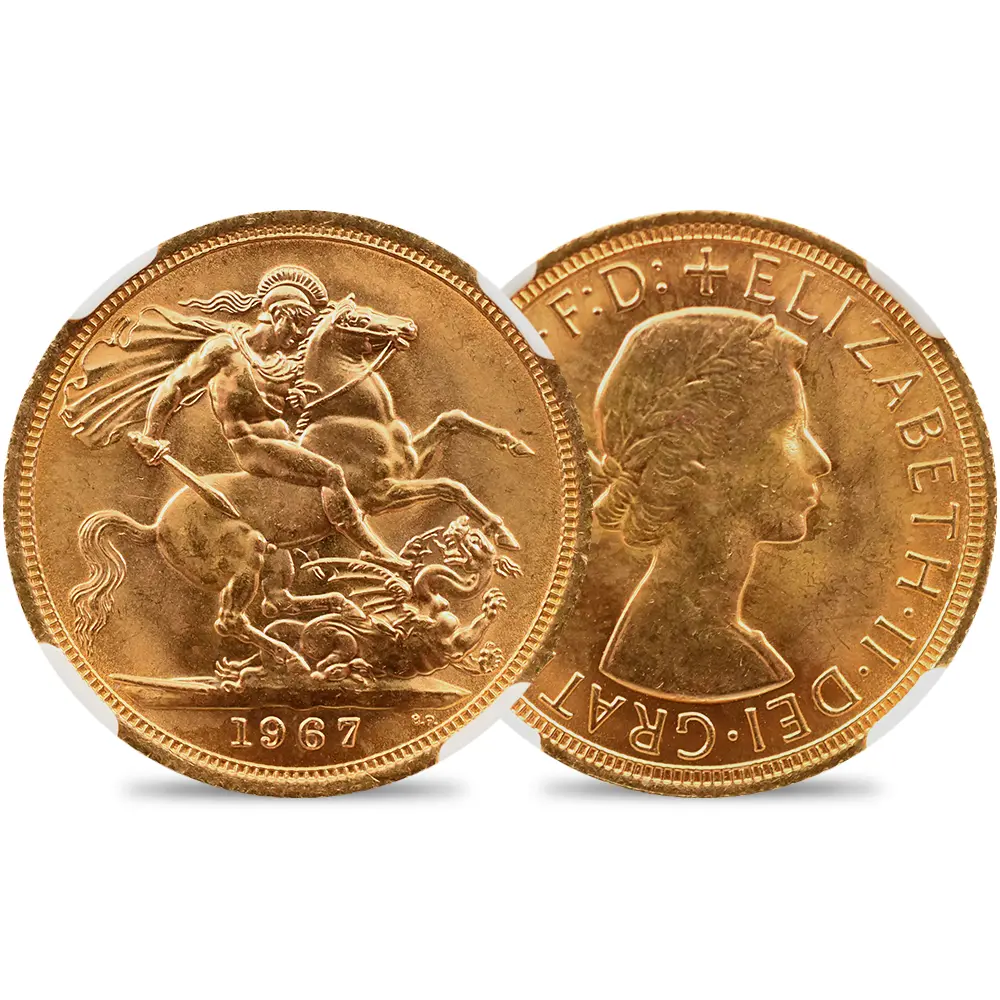 イギリス 1967 エリザベス2世 ヤングヤング 聖ジョージ竜退治 ソブリン金貨 NGC MS66
