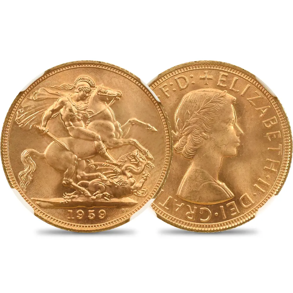 イギリス 1959 エリザベス2世 ヤングヤング 聖ジョージ竜退治 ソブリン 金貨 NGC MS66