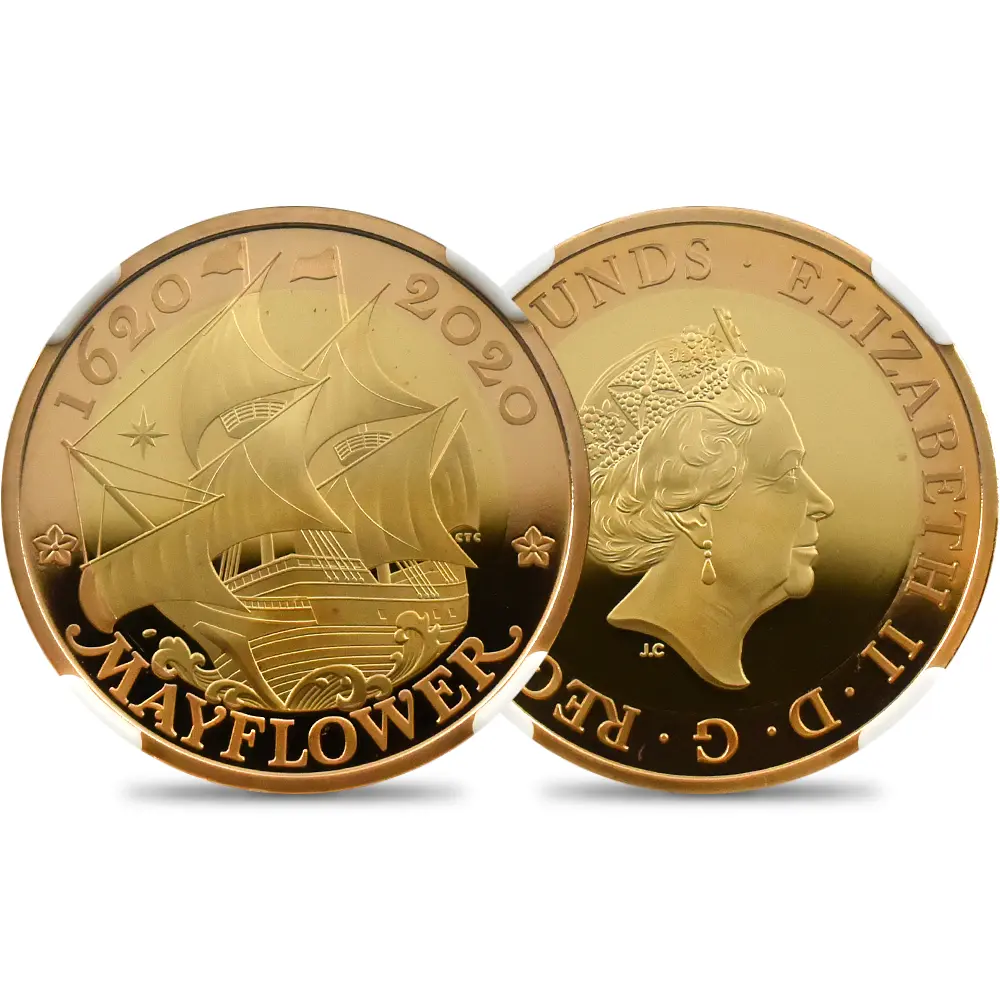 イギリス 2020 エリザベス2世 メイフラワー号出航400周年 2ポンド2色金貨 ファーストリリース NGC PF70UC 箱付き