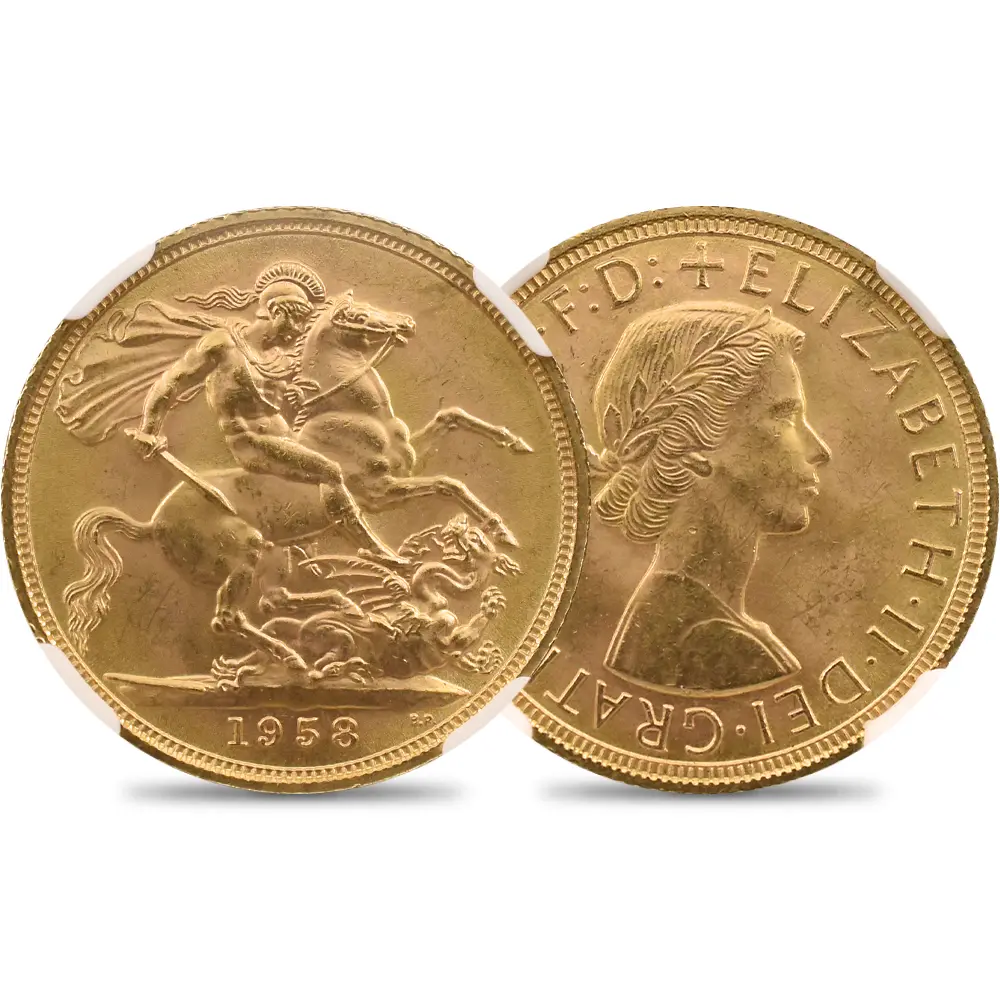 イギリス 1958 エリザベス2世 ヤングヤング 聖ジョージ竜退治 ソブリン金貨 NGC MS65