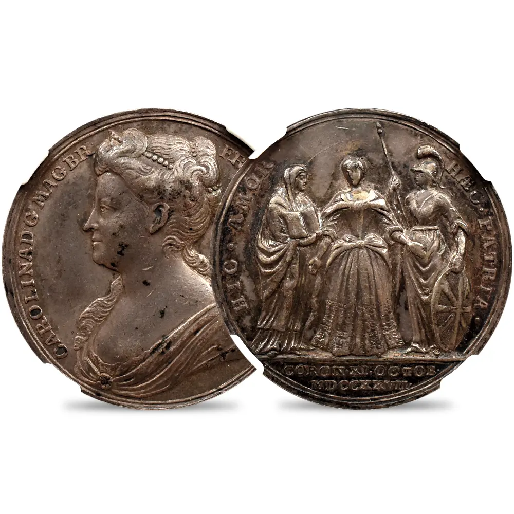 1727 ジョージ2世 キャロライン王妃 戴冠記念 銀メダル NGC AU55 MI-480-85