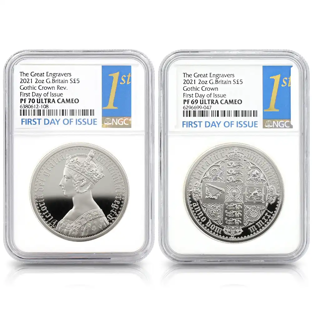 イギリス 2021 エリザベス2世 ゴチッククラウン 5ポンド2オンス銀貨 2枚セット 発行即日鑑定品 NGC PF69・70UC 箱付き(外箱なし)