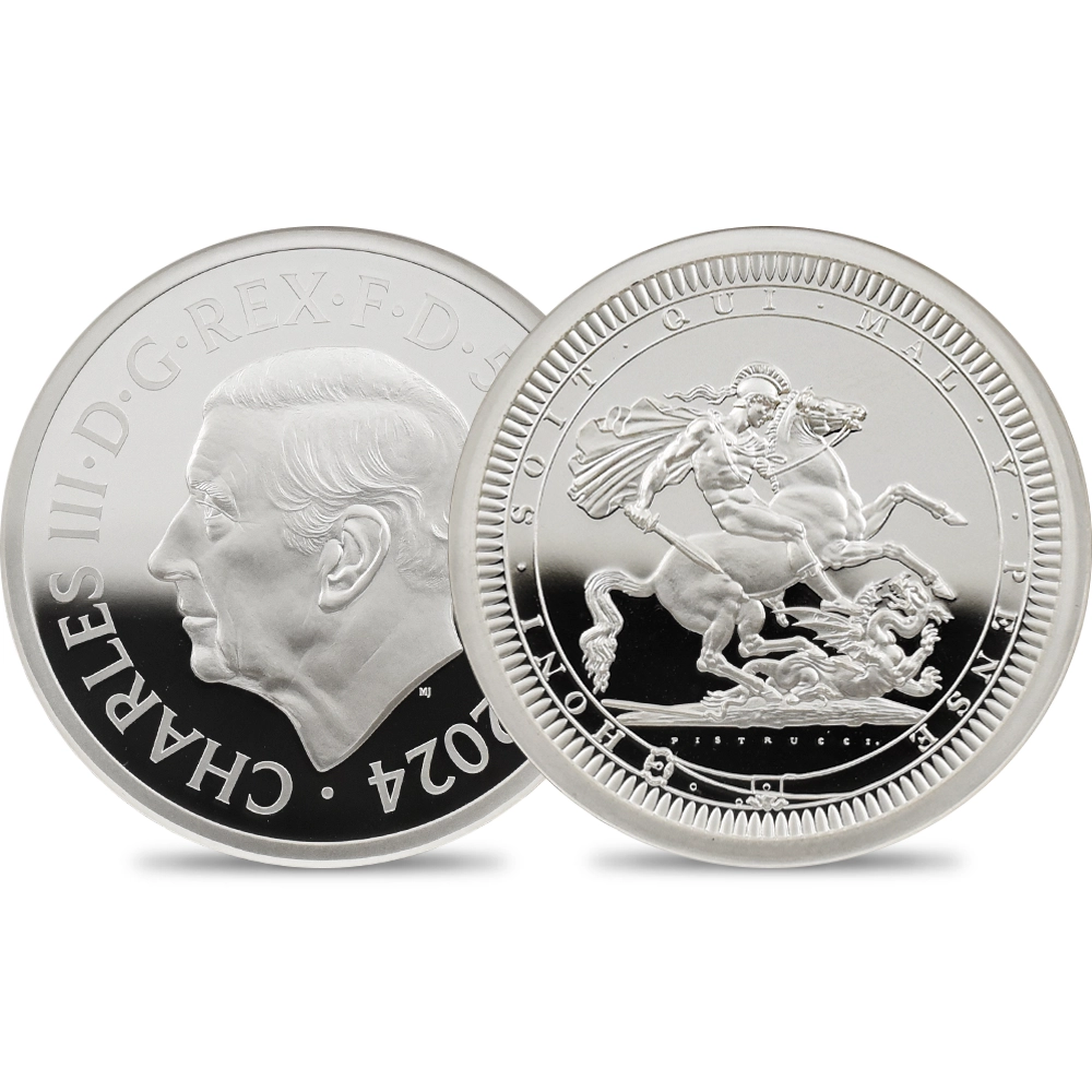 2024 チャールズ3世 ピストルッチ作聖ジョージ竜退治 5ポンド2オンスプルーフ銀貨 ファーストリリース NGC PF69UC チャールズ3世ラベル 箱付き