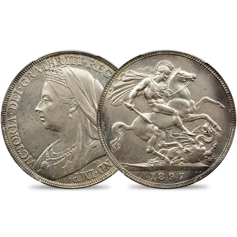 イギリス 1897 ヴィクトリア女王 オールド（ヴェールド）ヘッド 聖ジョージ竜退治 クラウン銀貨 PCGS Genuine Cleaned-UNC Detail S-3937 LXI Edge