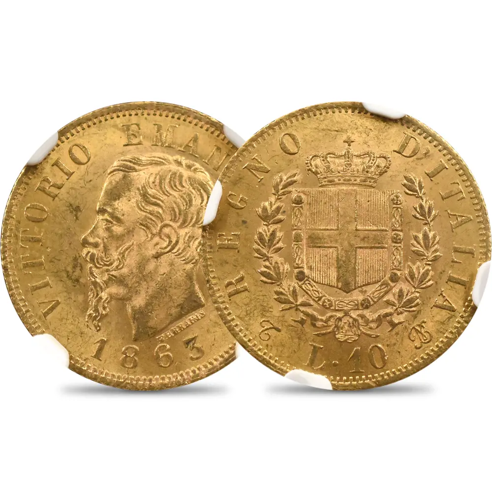イタリア 1863T ヴィットリオ・エマヌエーレ2世 10リラ金貨 NGC MS63