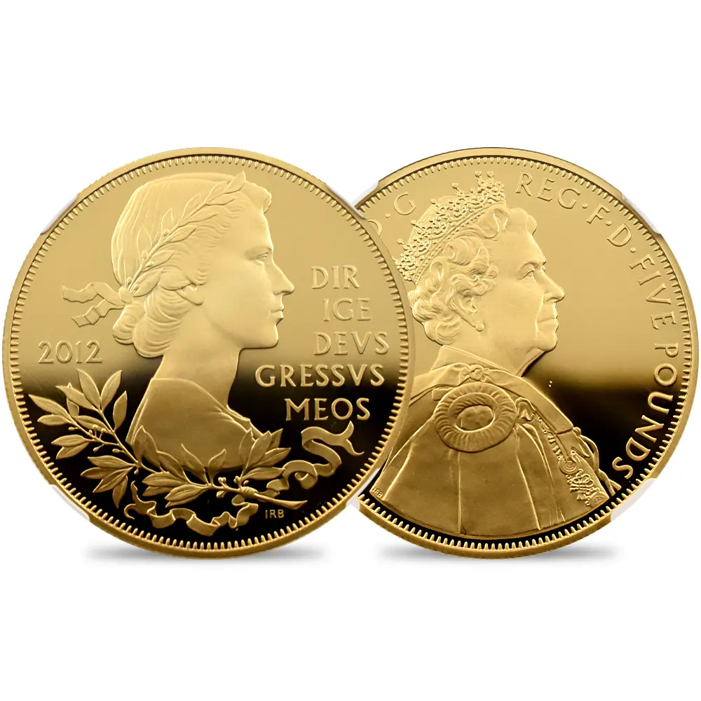 2012 エリザベス2世 即位60周年記念 ダイアモンドジュビリー 5ポンド銀貨（金メッキ加工） NGC PF70UC 証明書付き