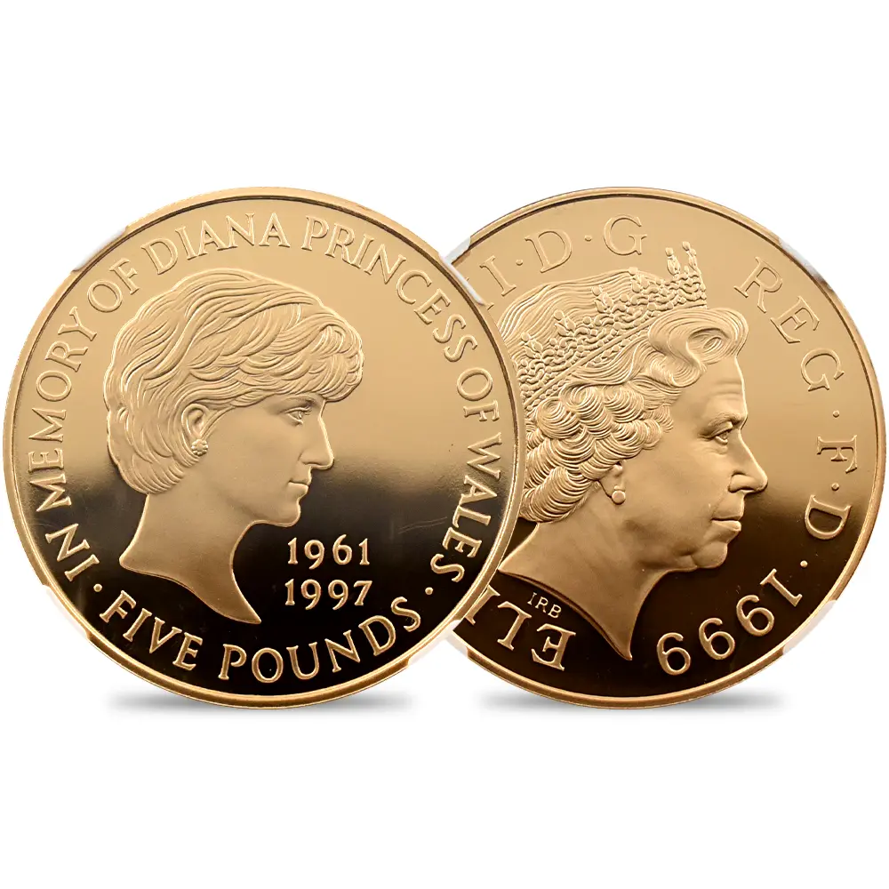 1999 エリザベス2世 ダイアナ妃追悼記念 5ポンド金貨 NGC PF70UC 箱付き