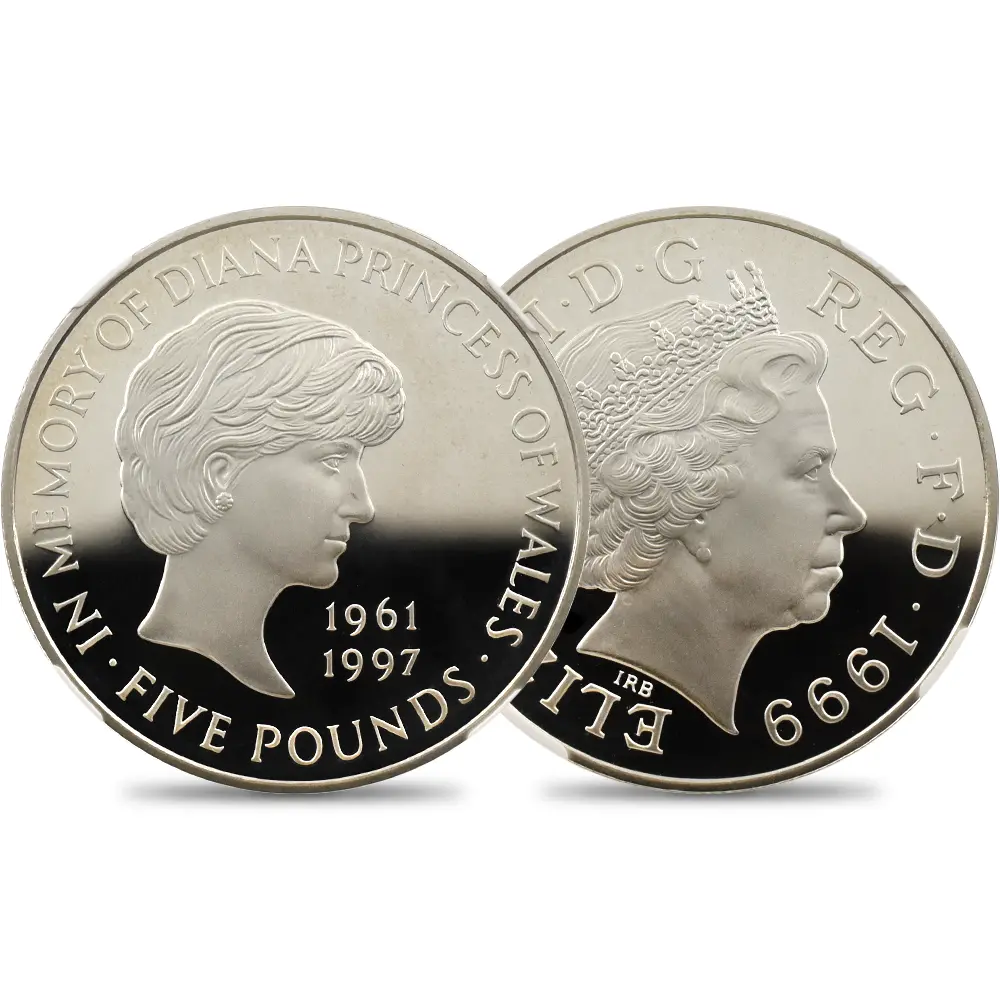 イギリス 1999 エリザベス2世 ダイアナ妃追悼記念 5ポンド銀貨 NGC PF69UC箱付き