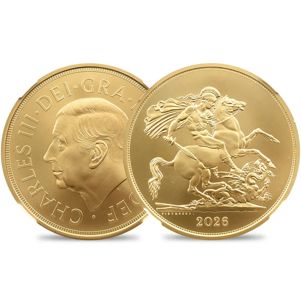 イギリス 2026 チャールズ3世 聖ジョージ竜退治 5ソブリン金貨 NGC MS70MATTE 箱付き