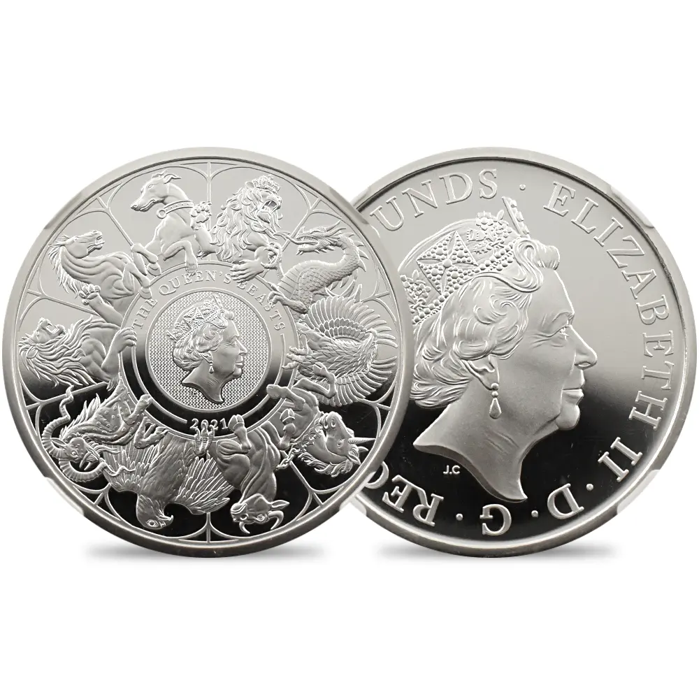 2021 エリザベス2世 クイーンズビースト コンプリーター 英国王室の十大守護獣 2ポンド1オンス銀貨 ファーストリリース NGC PF70UC 箱付き