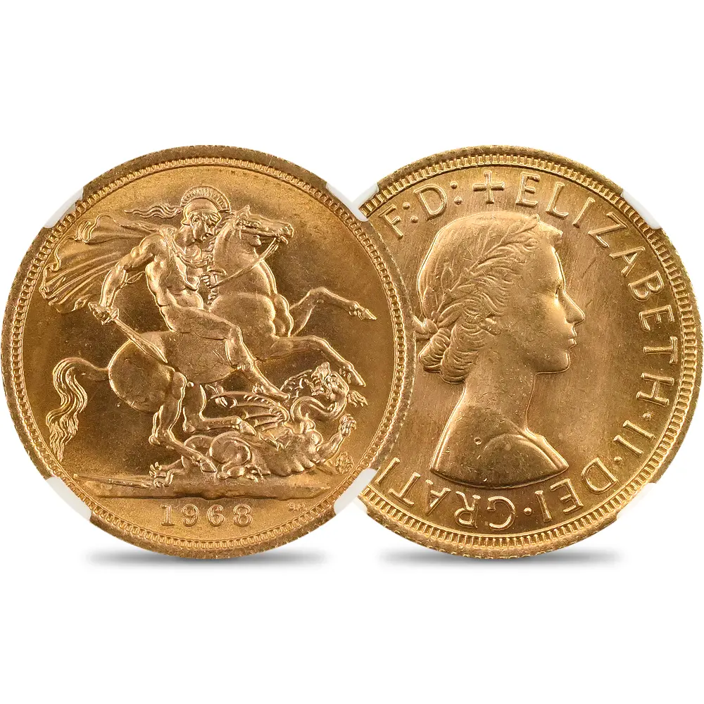 イギリス 1968 エリザベス2世 ヤングヤング 聖ジョージ竜退治 ソブリン金貨 NGC MS66+