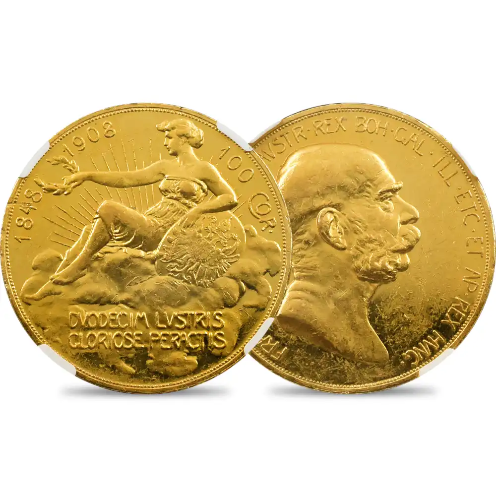 オーストリア 1908 フランツ・ヨーゼフ1世 皇位60周年記念 雲上の女神 100クローネ金貨 NGC PF58
