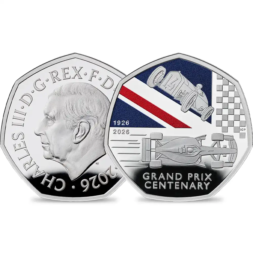 イギリス 2026 チャールズ3世 イギリスグランプリ100周年記念 50ペンスプルーフピエフォーカラー銀貨 未鑑定 箱付き【ご予約承り品】
