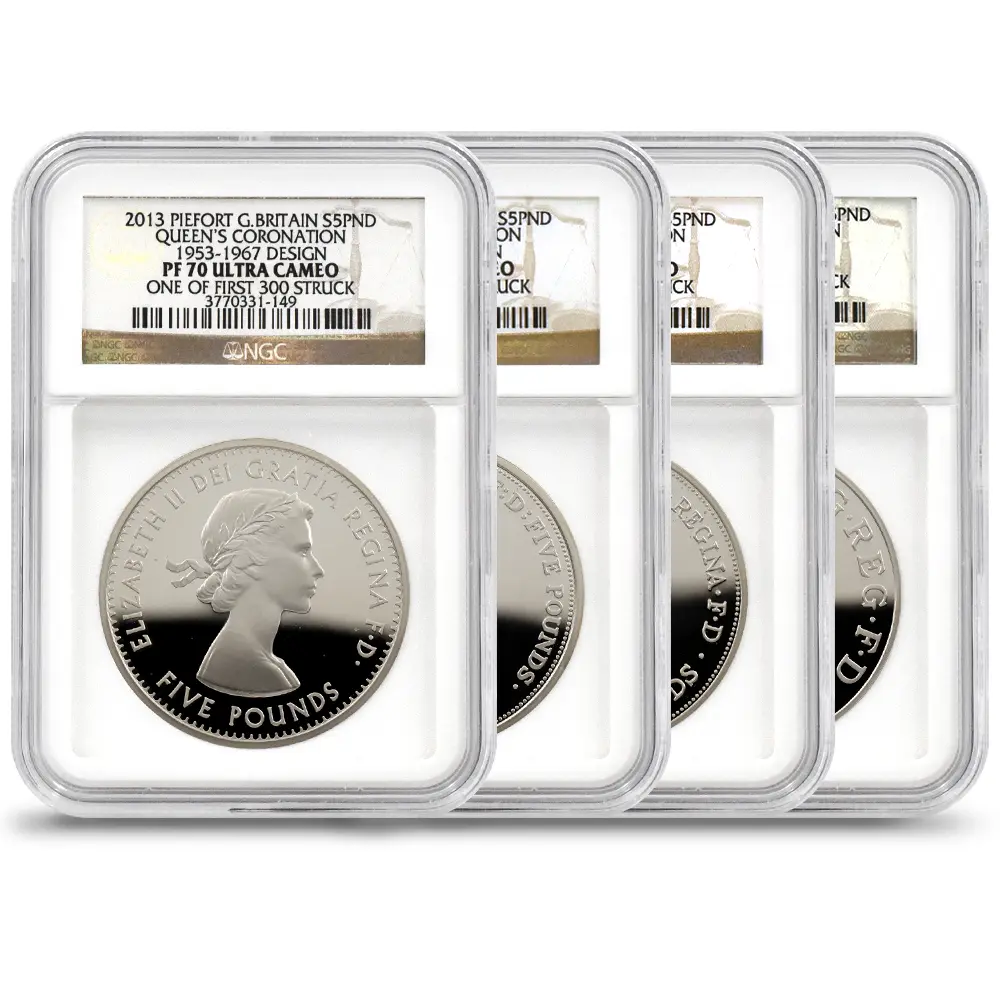2013 エリザベス2世 戴冠60周年記念 5ポンドピエフォー銀貨 4枚セット ファースト300ストラック NGC PF70UC 付属品付き