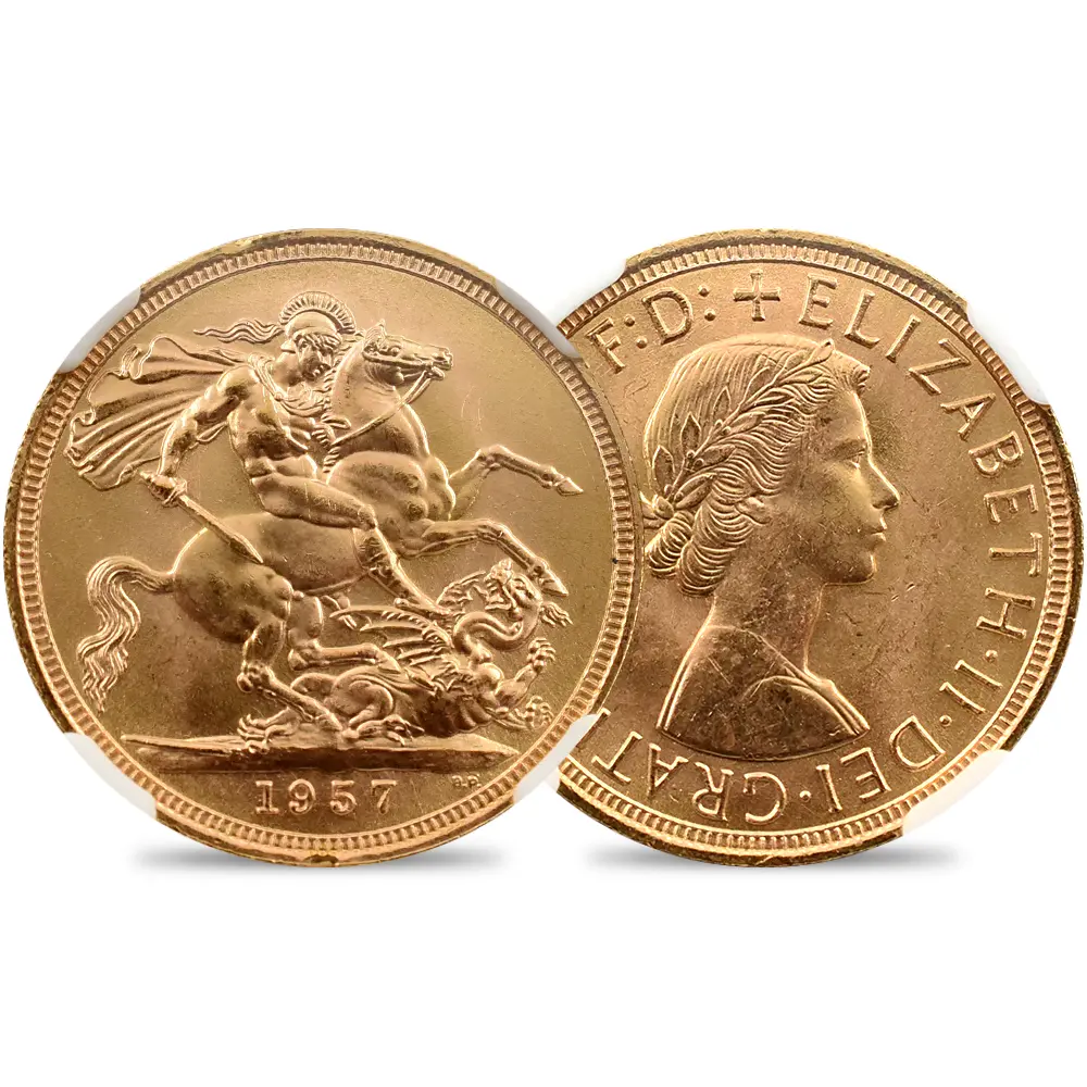 イギリス 1957 エリザベス2世 ヤングヤング 聖ジョージ竜退治 ソブリン金貨 NGC MS65