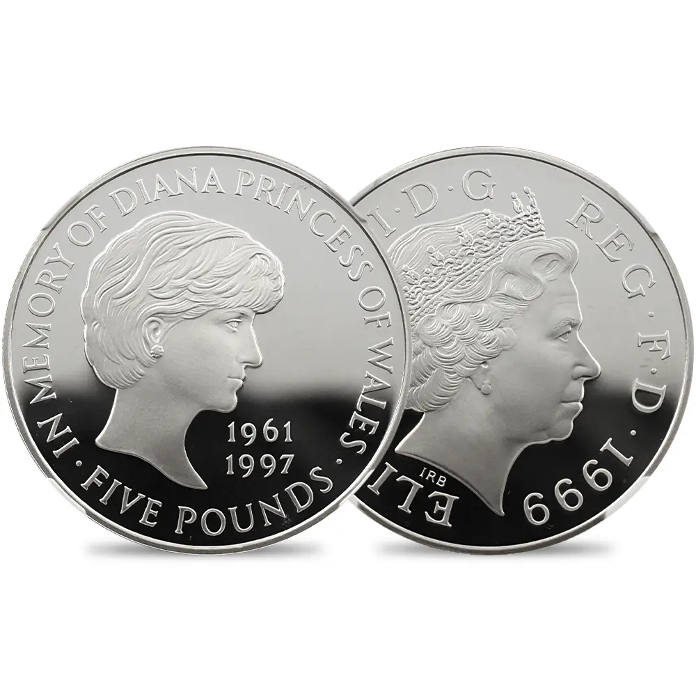 イギリス 1999 エリザベス2世 ダイアナ妃追悼記念 5ポンド銀貨 NGC PF70UC 箱付き