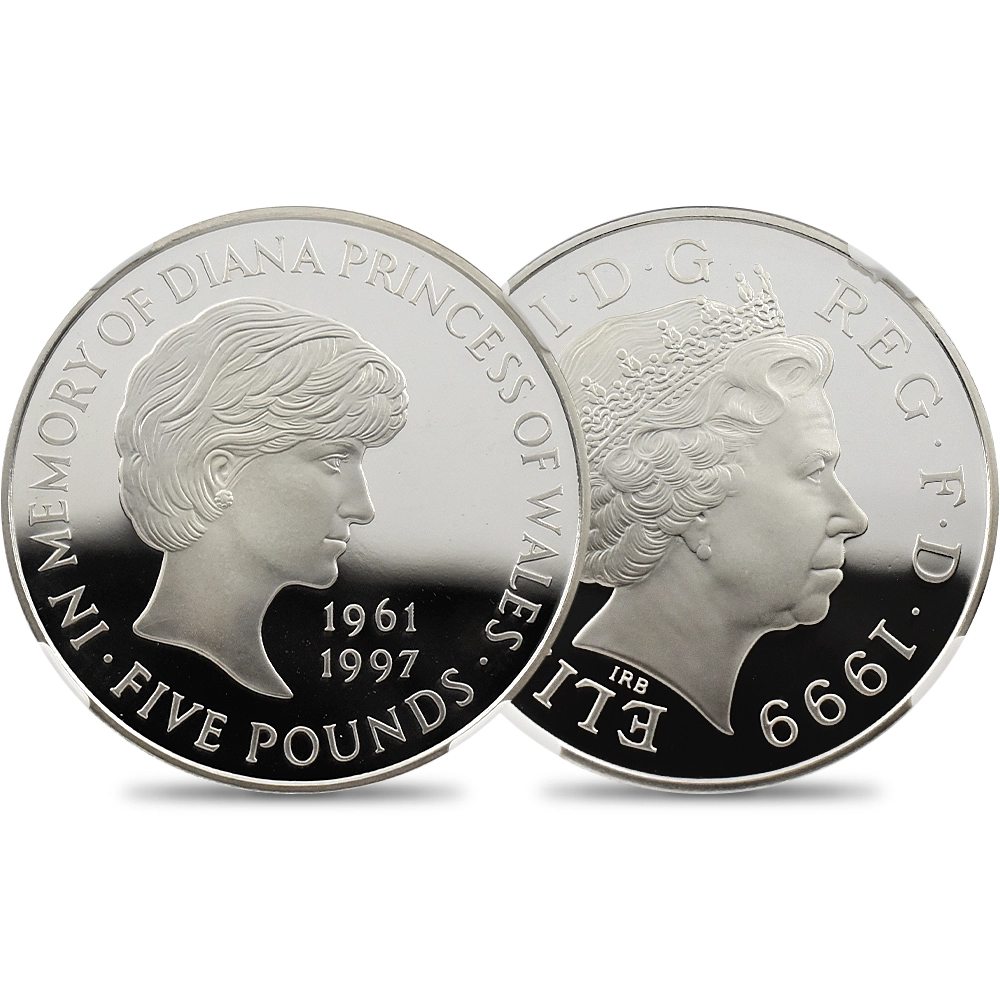 イギリス 1999 エリザベス2世 ダイアナ妃追悼記念 5ポンド銀貨 NGC PF70UC 箱付き
