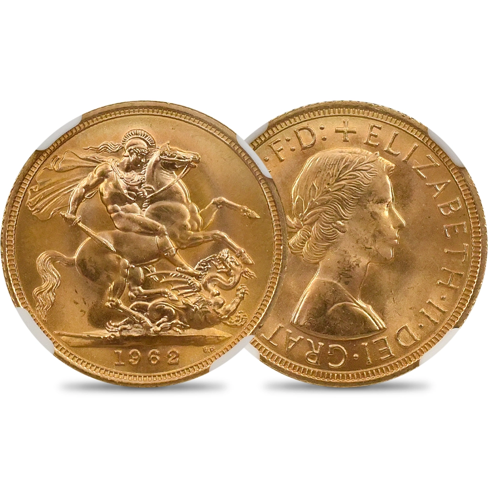 イギリス 1962 エリザベス2世 ヤングヤング 聖ジョージ竜退治 ソブリン金貨 NGC MS65