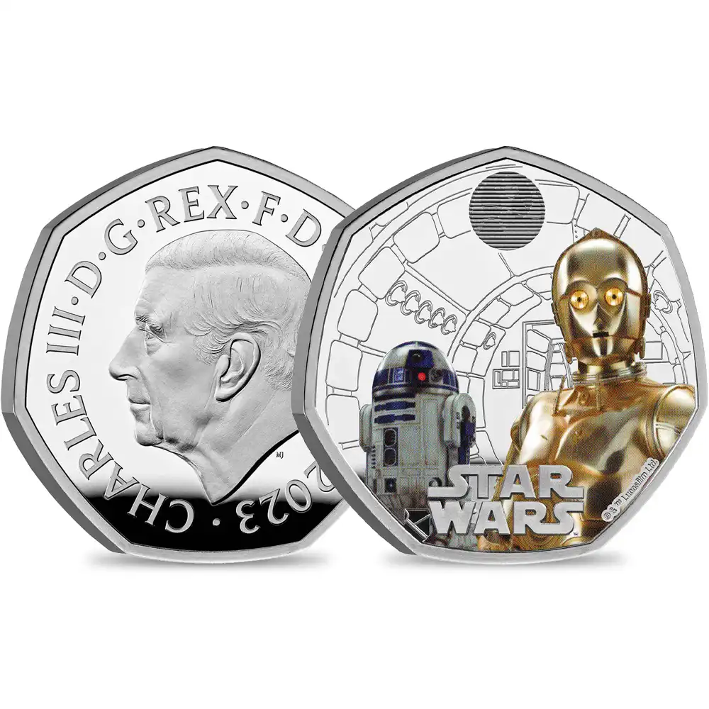 2023 チャールズ3世 スター・ウォーズコレクション第1弾 R2-D2＆C-3PO 50ペンスプルーフカラー銀貨 未鑑定 箱付き【ご予約承り品】
