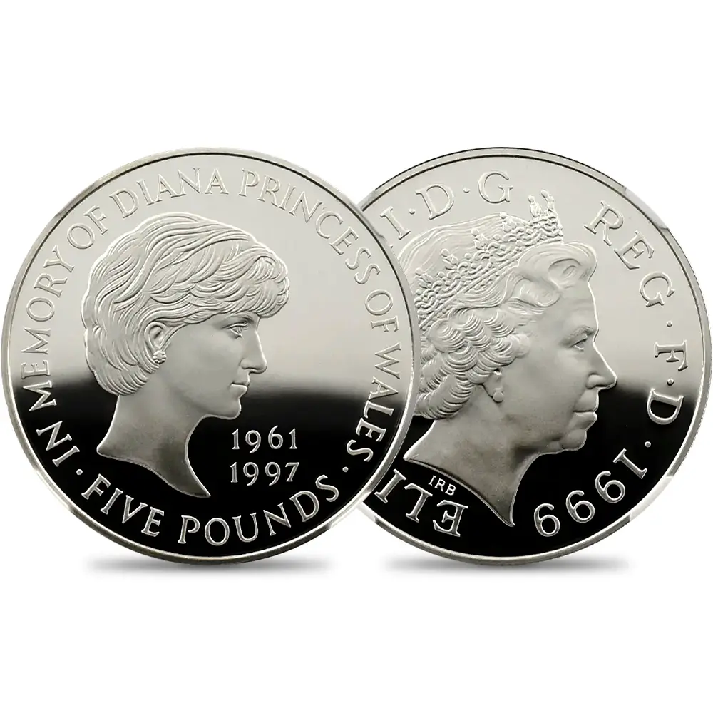 1999 エリザベス2世 ダイアナ妃追悼記念 5ポンド銀貨 NGC PF70UC 箱付き