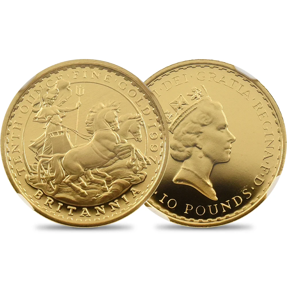 イギリス 1997 エリザベス2世 ミドルエリザべス ブリタニア 10ポンド1/10オンス金貨 PF70UC