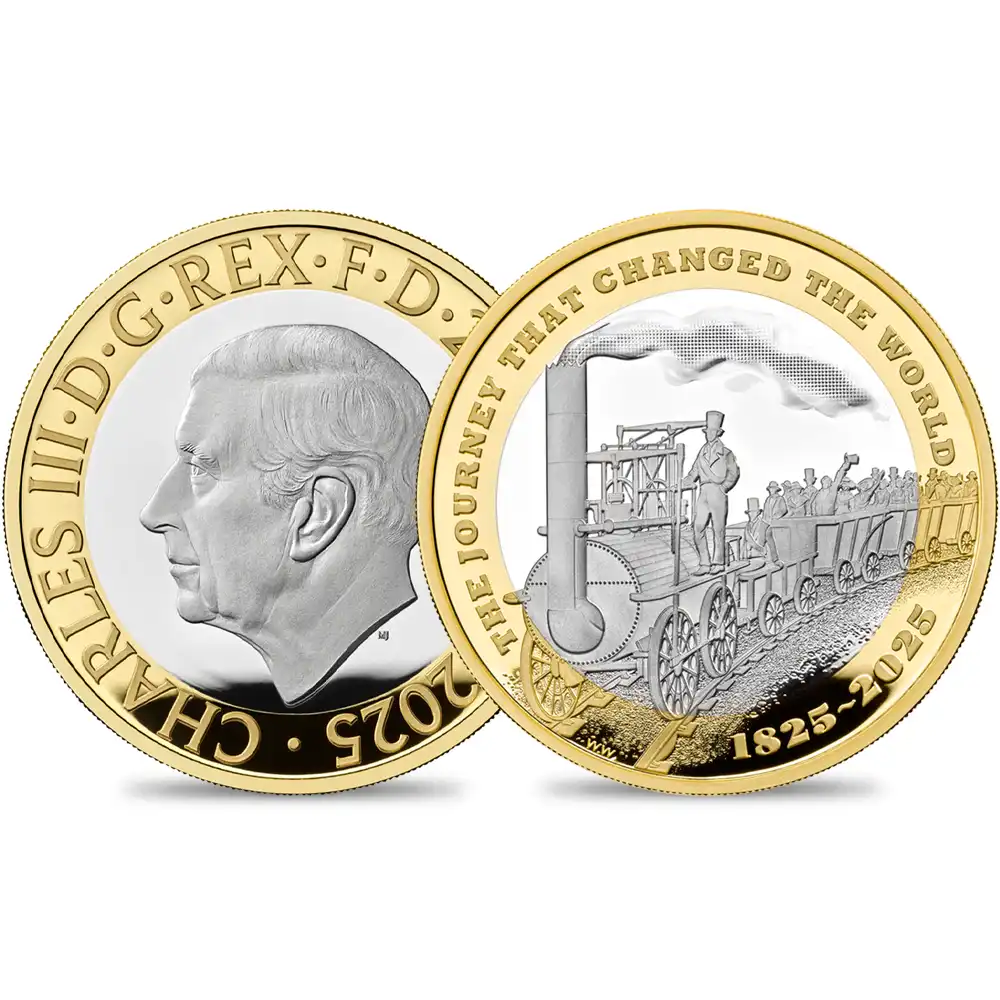2025 チャールズ3世 現代鉄道200周年記念 2ポンドプルーフピエフォー銀貨 金メッキ付 未鑑定 箱付き【ご予約承り品】