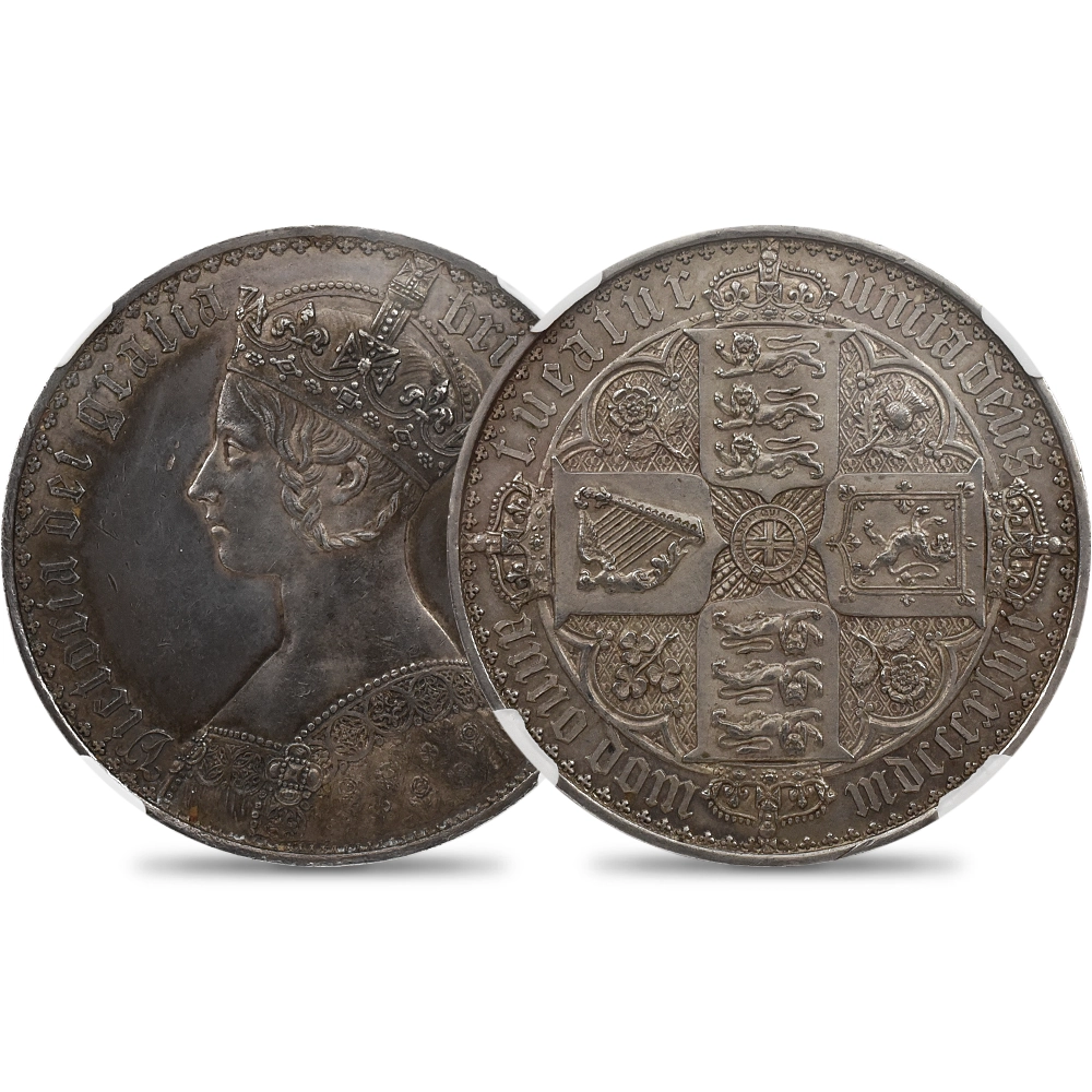 イギリス 1847 ヴィクトリア女王 ゴチッククラウン銀貨 アンデシモエッジ NGC PF58