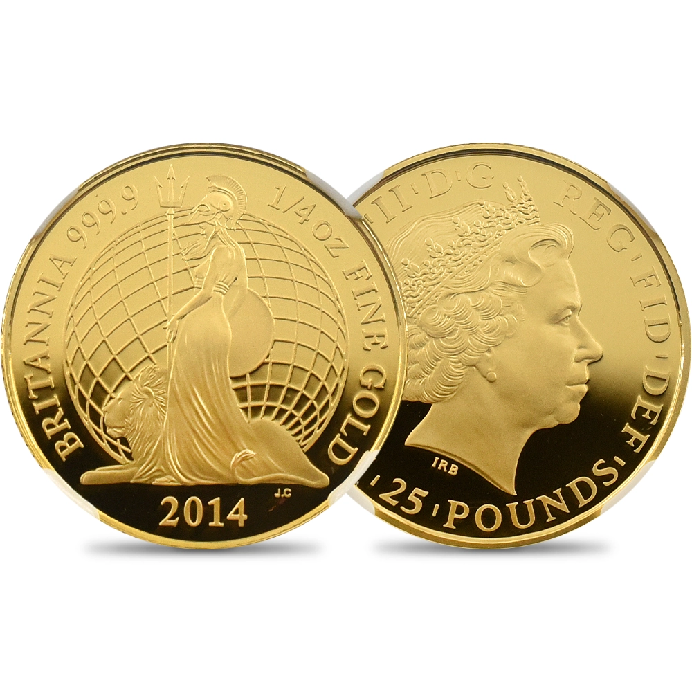 イギリス 2014 エリザベス2世 ブリタニア 25ポンド1/4オンス 金貨 ファースト150ストラック NGC PF70UC