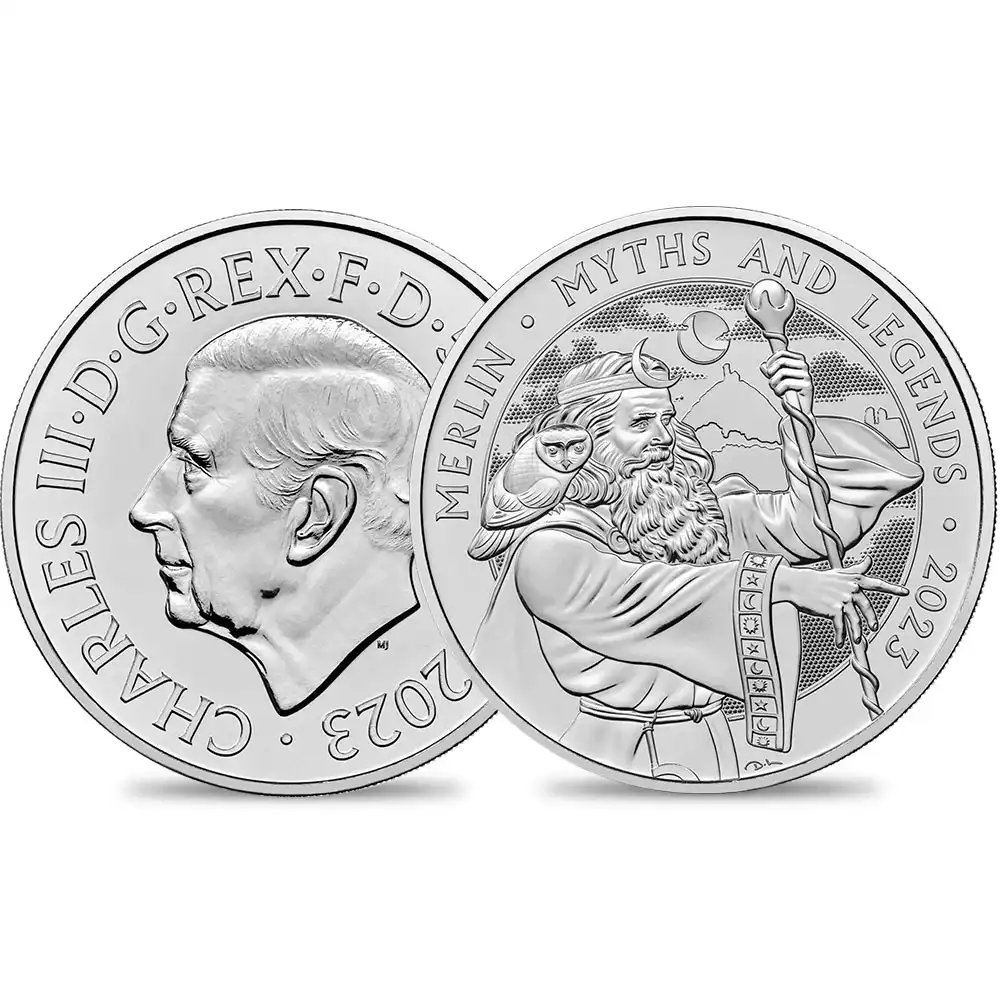 2023 チャールズ3世 神話と伝説シリーズ第2弾 マーリン 5ポンド BU白銅貨 未鑑定 パッケージ付き【ご予約承り品】