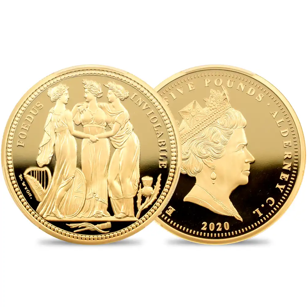 オルダニー島 2020 エリザベス2世 スリーグレーセス 5ポンド金貨 ファーストストライク PCGS PR70DC 箱付き