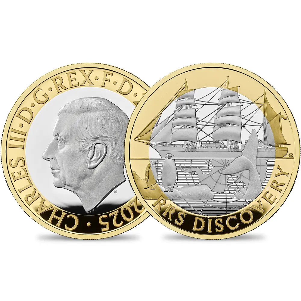 2025 チャールズ3世 RRSディスカバリー号 2ポンドプルーフ銀貨 金メッキ付 未鑑定 箱付き【ご予約承り品】