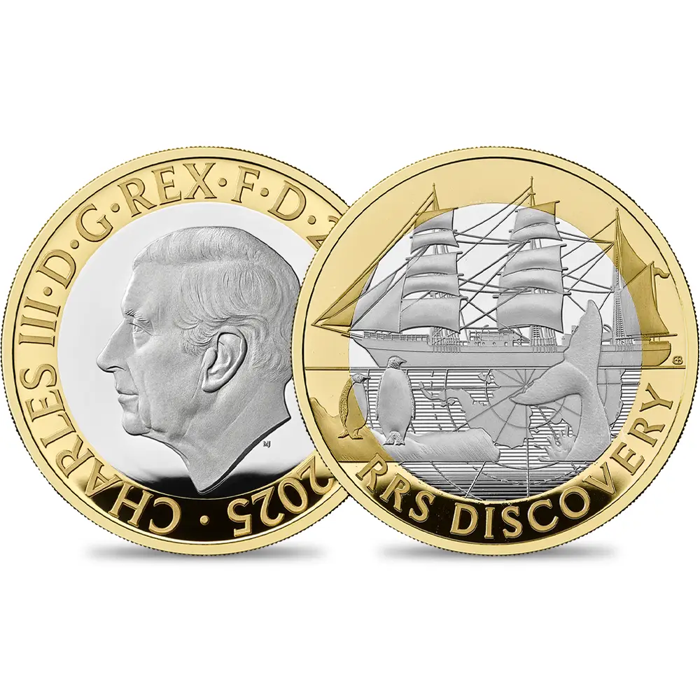 2025 チャールズ3世 RRSディスカバリー号 2ポンドプルーフピエフォー銀貨 金メッキ付 未鑑定 箱付き【ご予約承り品】