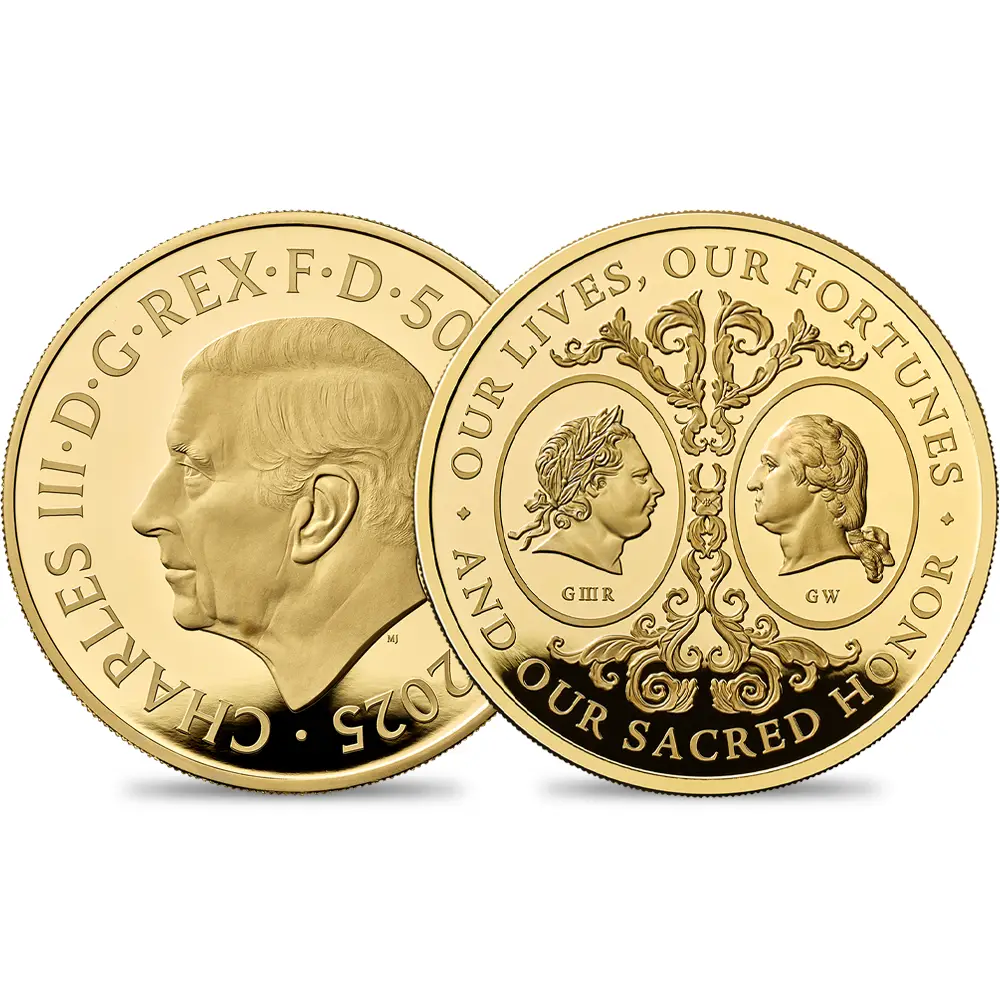2025 チャールズ3世 アメリカ独立戦争250周年 ジョージ3世＆ジョージ・ワシントン 500ポンド5オンスプルーフ金貨 未鑑定 箱付き【ご予約承り品】