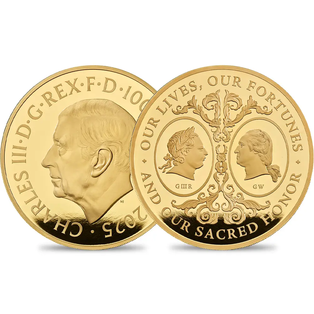 2025 チャールズ3世 アメリカ独立戦争250周年 ジョージ3世＆ジョージ・ワシントン 1000ポンド1キロプルーフ金貨 未鑑定 箱付き【ご予約承り品】