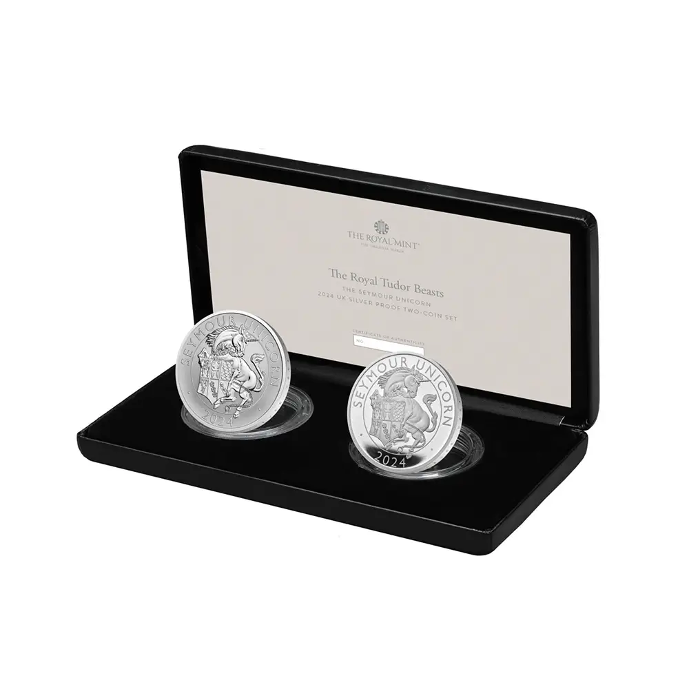 2024 チャールズ3世 ロイヤルテューダービースト シーモアのユニコーン 2ポンド1オンス銀貨2枚セット プルーフ・リバースプルーフ仕上 未鑑定 箱付き【ご予約承り品】