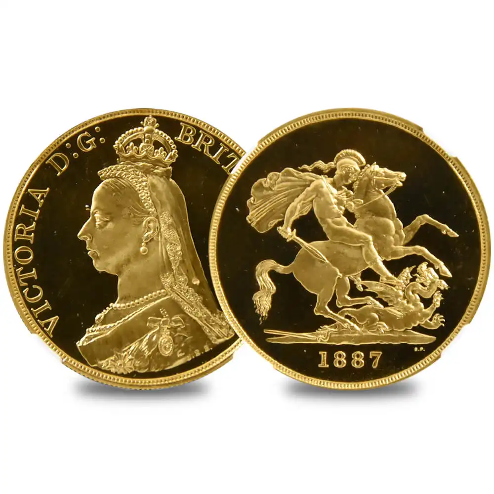 1887 ヴィクトリア女王 ジュビリーヘッド 聖ジョージ竜退治 5ソブリン金貨　NGC PF66UC